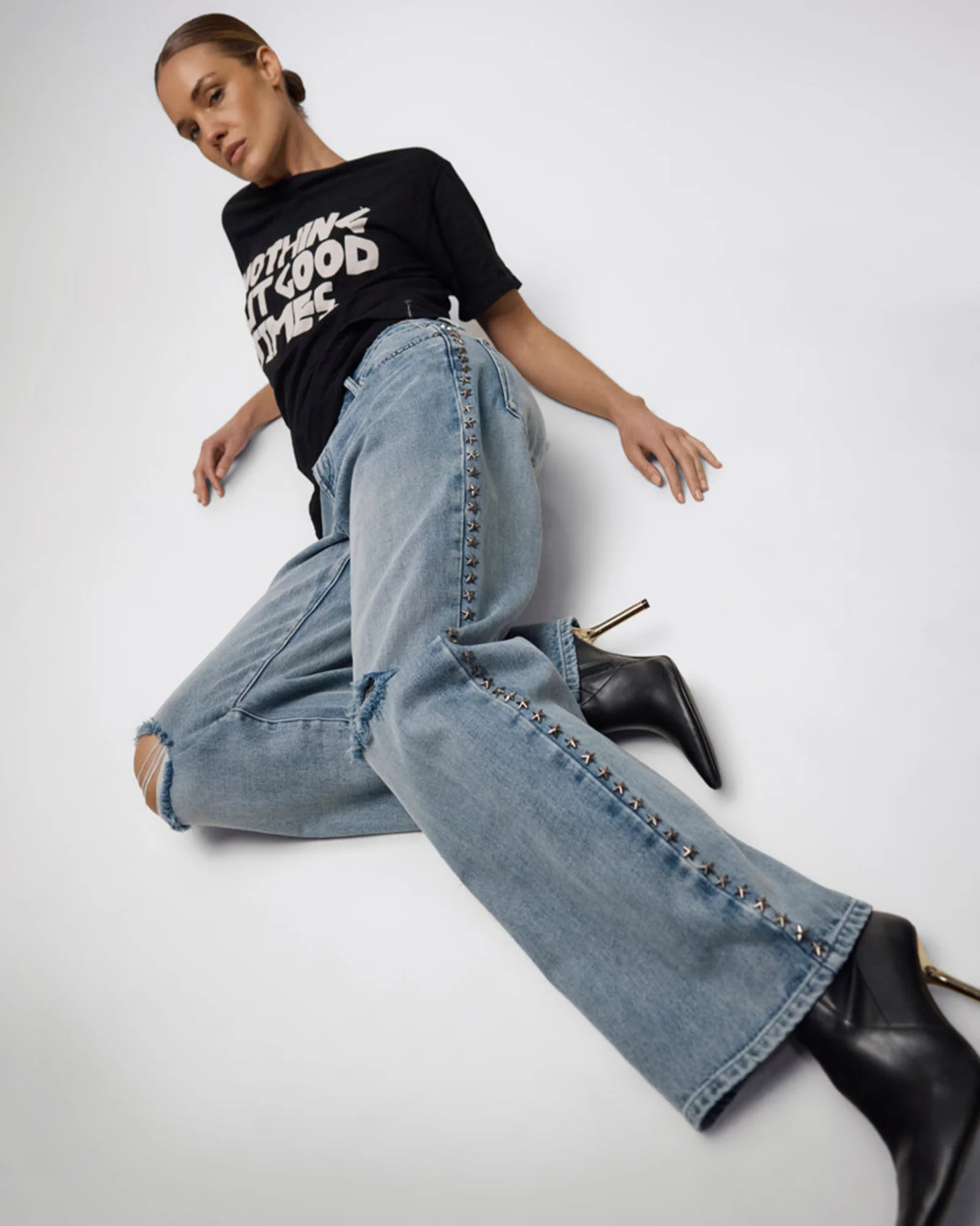 25th Anniversary Jackson Mid Waist Wide Leg Studded Denim Jeans - Salty Dog - Image 13