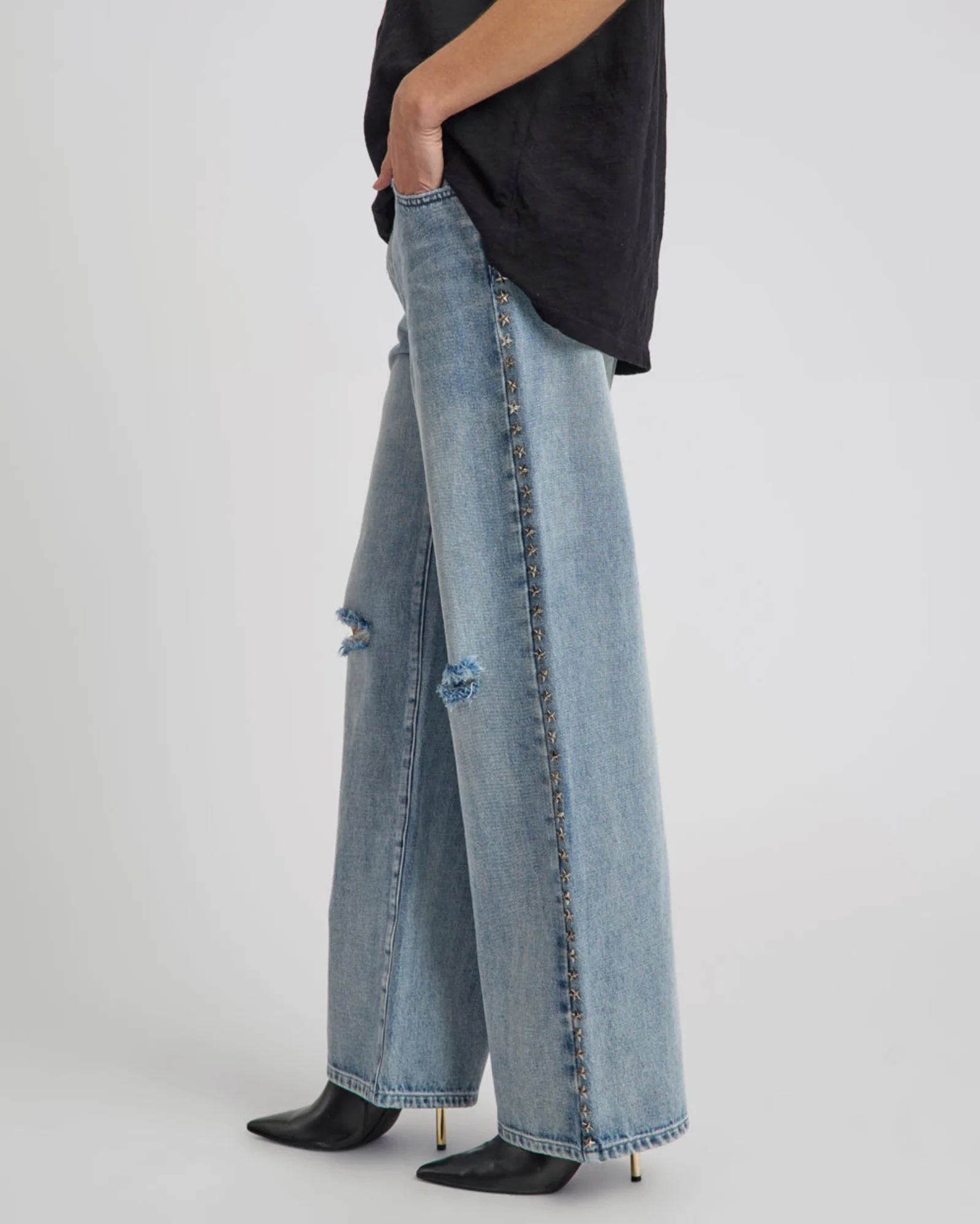 25th Anniversary Jackson Mid Waist Wide Leg Studded Denim Jeans - Salty Dog - Image 7