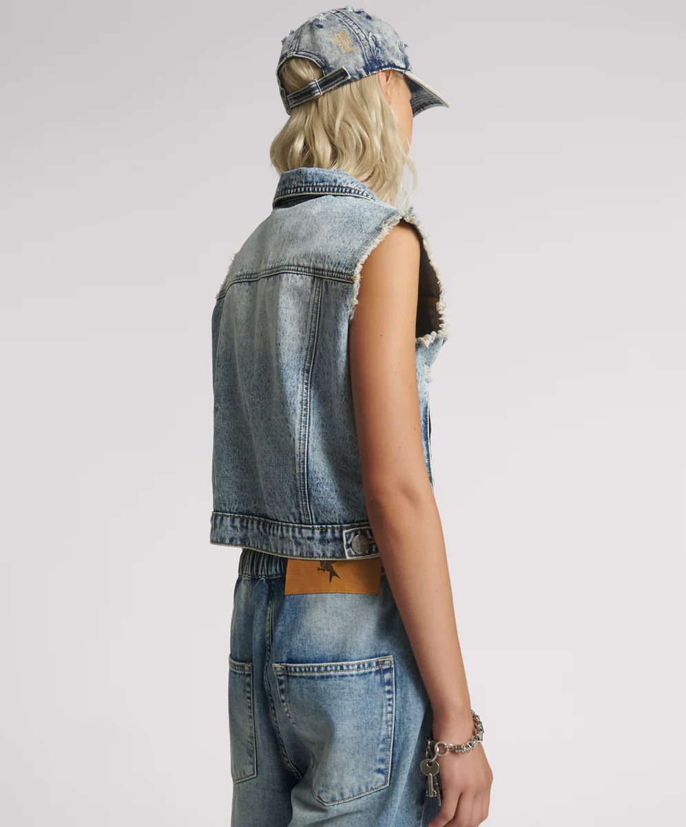 Cropped Denim Trucker Denim Vest - Acid Blue - Image 4