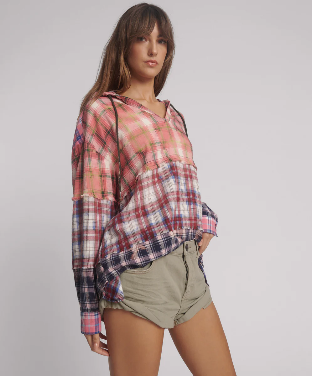 Flannel Acid Wash Hooded Shirt - Multi - Image 4