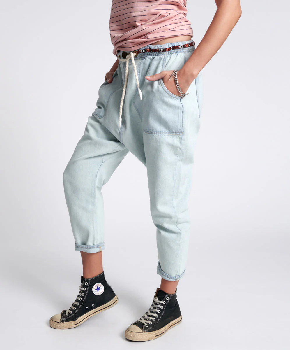 Shabbies Low Waist Drawstring Boyfriend Denim Jeans - Angel Blue - Image 3