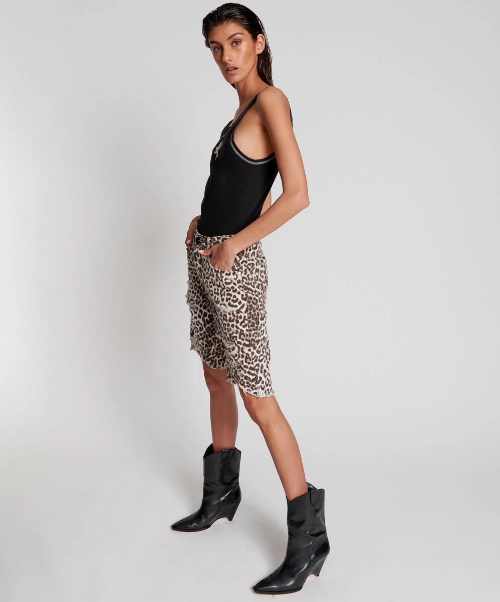 Long Truckers Mid Waist Long-Length Relaxed Denim Shorts - Animal