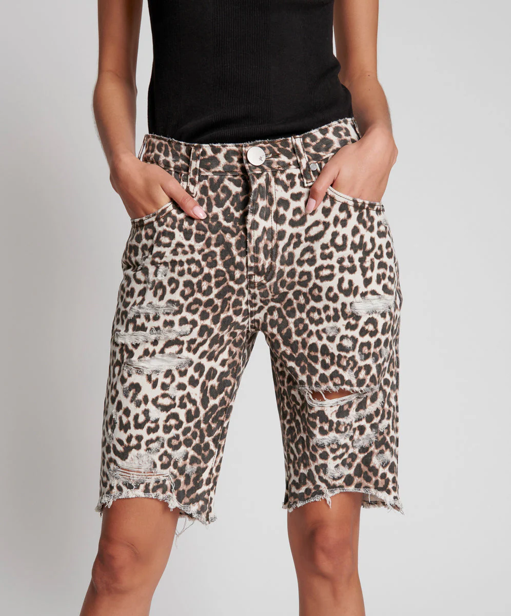 Long Truckers Mid Waist Long-Length Relaxed Denim Shorts - Animal - Image 3