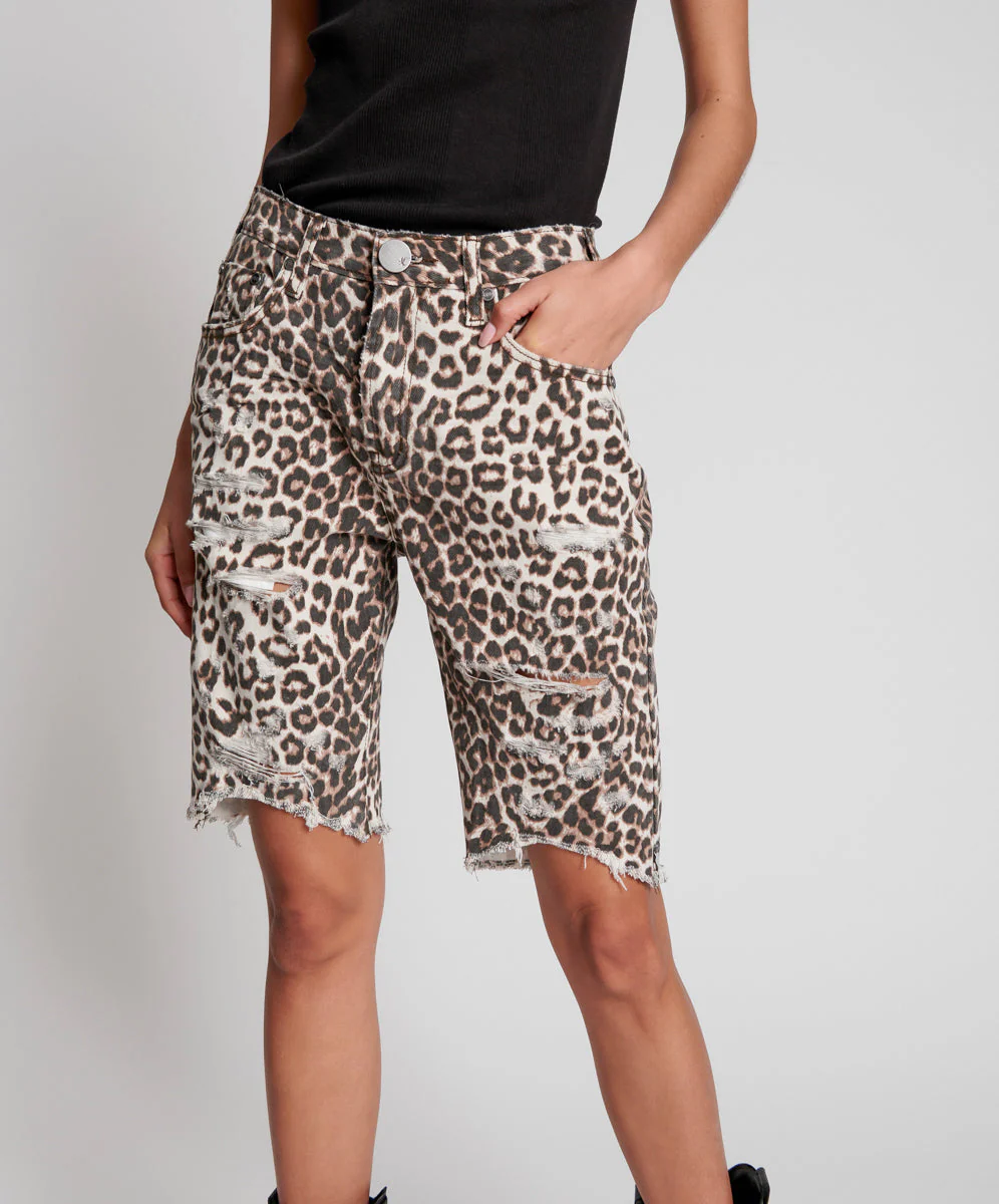 Long Truckers Mid Waist Long-Length Relaxed Denim Shorts - Animal - Image 4