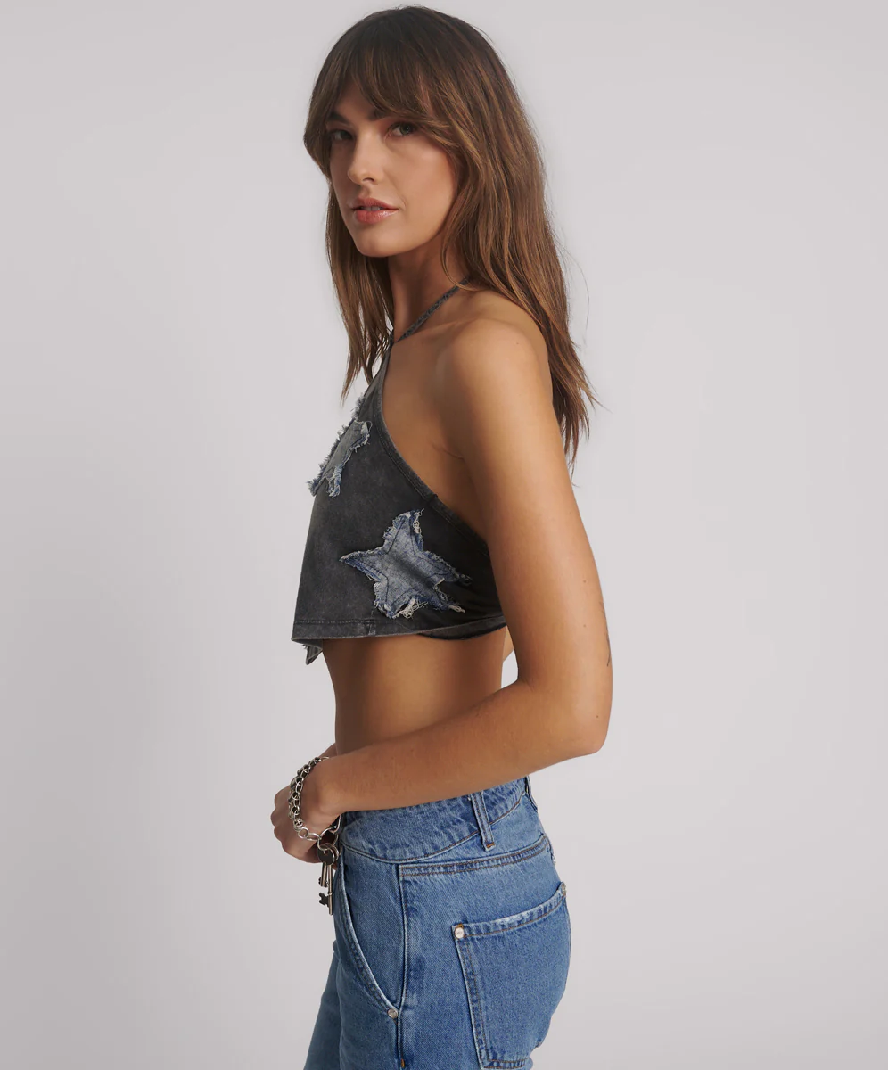 Applique Star Halter Crop Top - Washed Black - Image 2