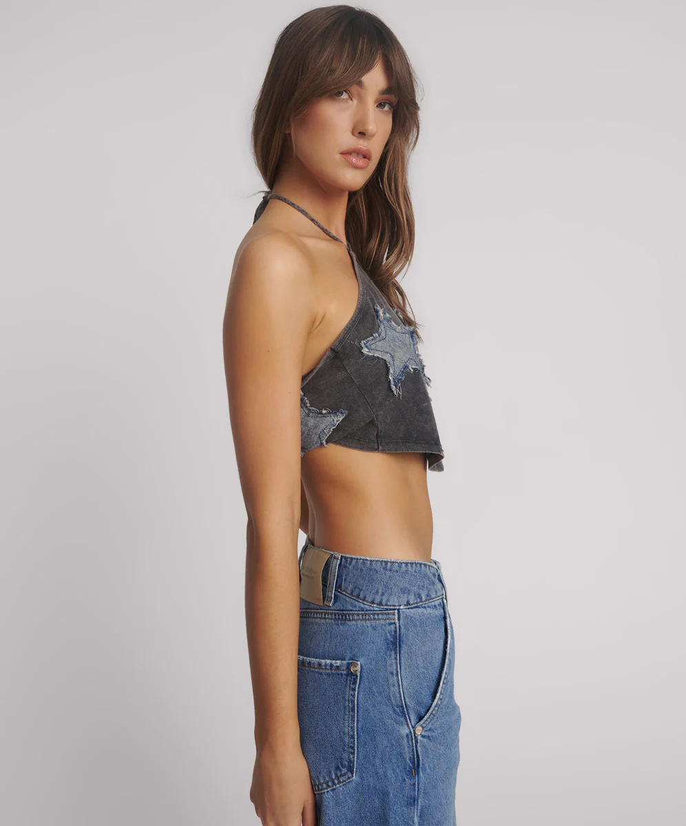 Applique Star Halter Crop Top - Washed Black - Image 4