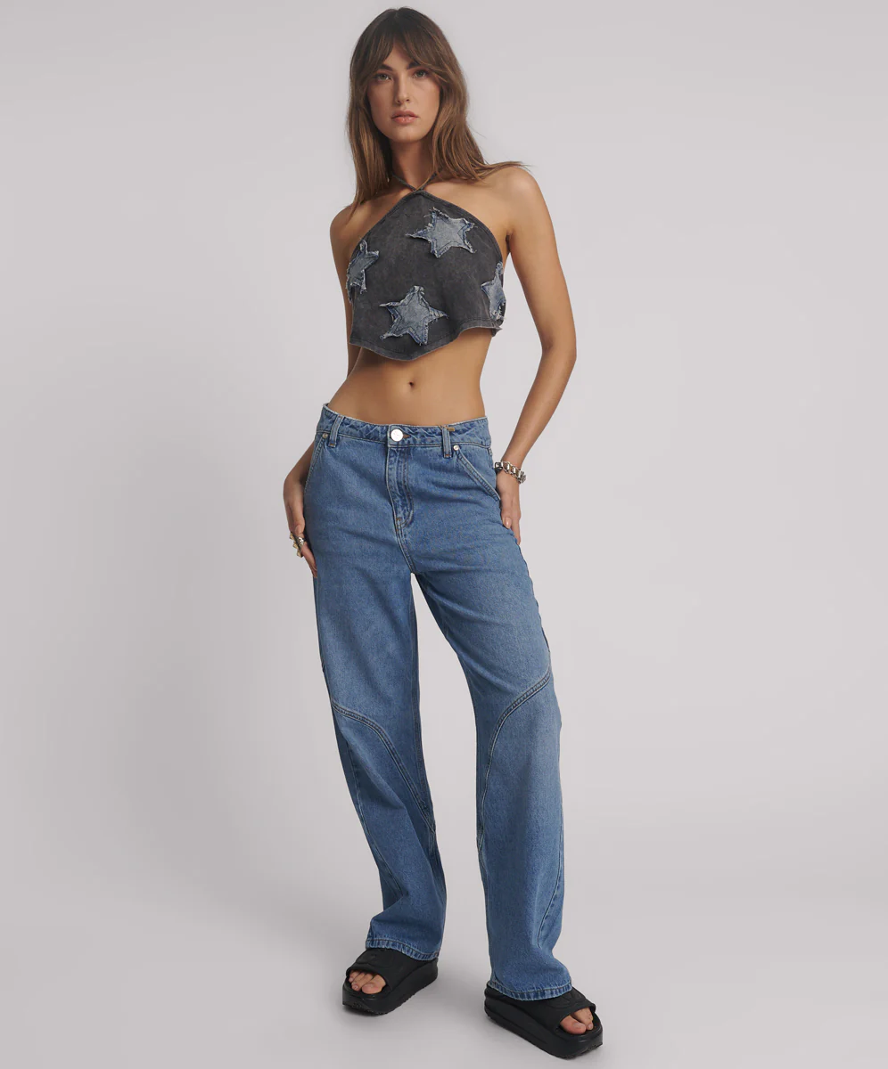 Applique Star Halter Crop Top - Washed Black - Image 5