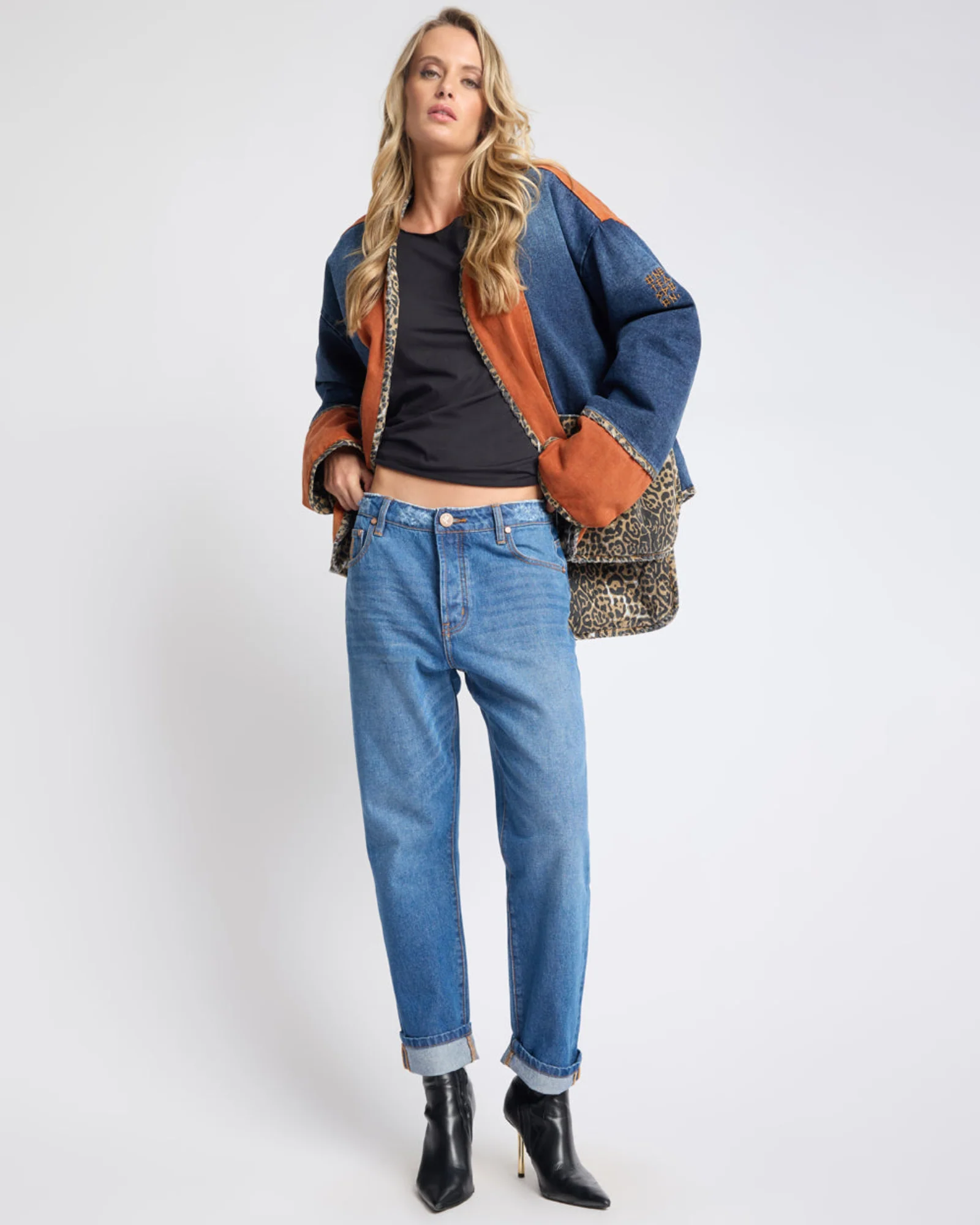 Bang Bang Reversible Colour Blocked Denim Wadded Jacket - Animal Blue Rust - Image 2