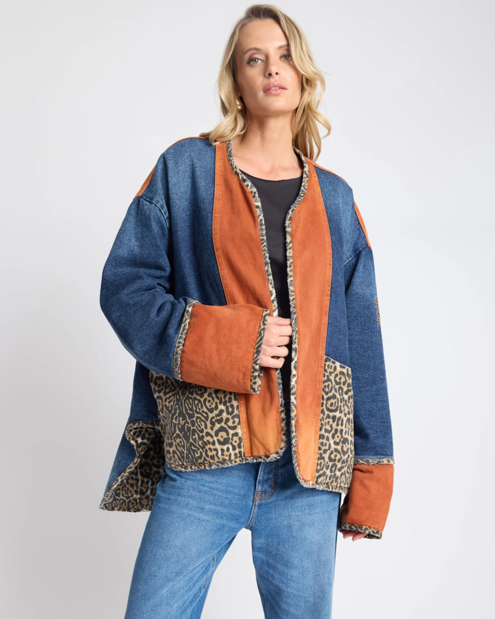 Bang Bang Reversible Colour Blocked Denim Wadded Jacket - Animal Blue Rust - Image 3