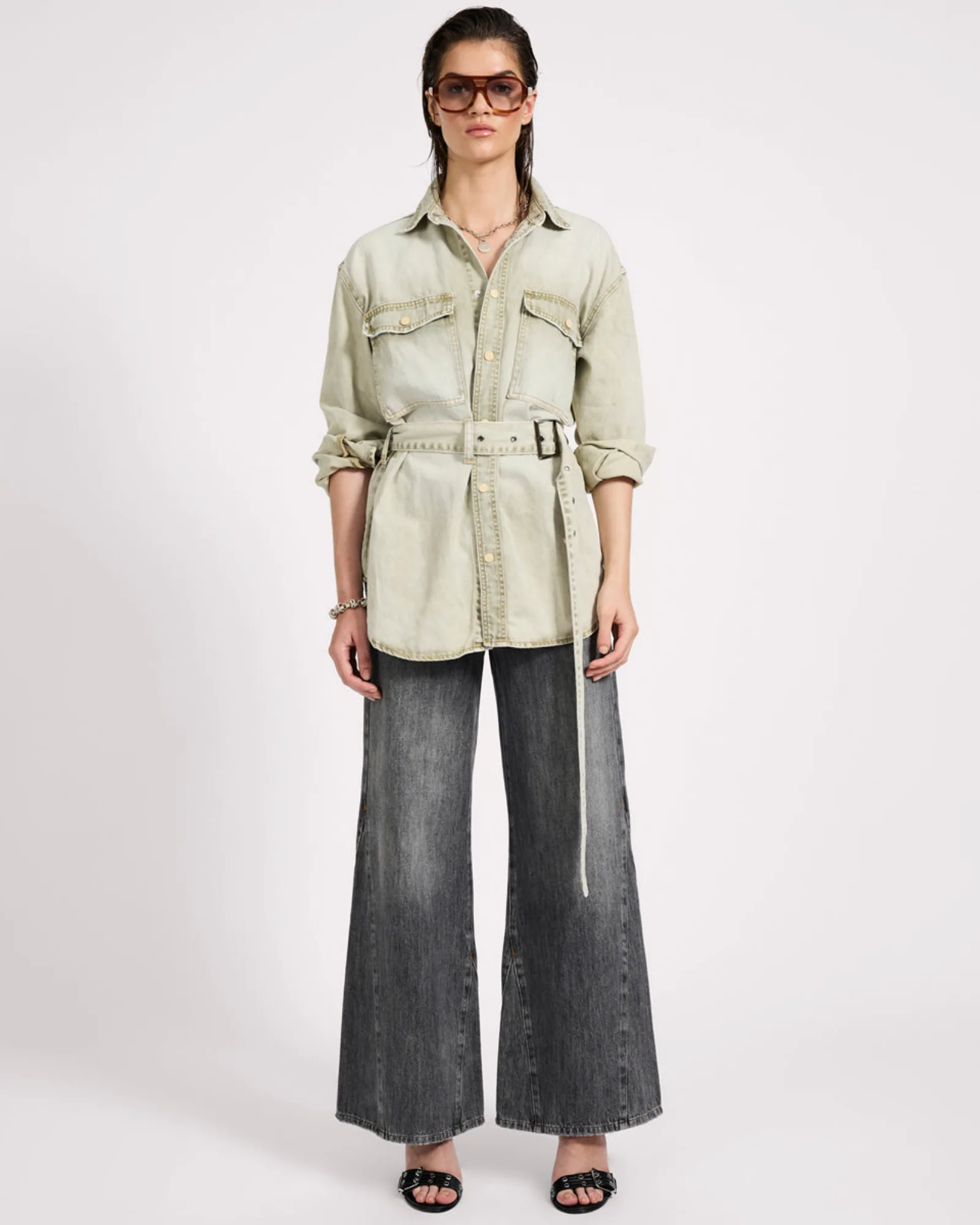 Belted Longline Denim Shirt - Antique Khaki - Image 3