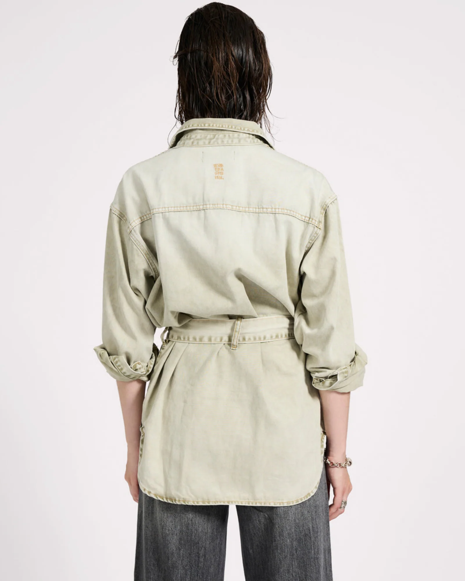 Belted Longline Denim Shirt - Antique Khaki - Image 5