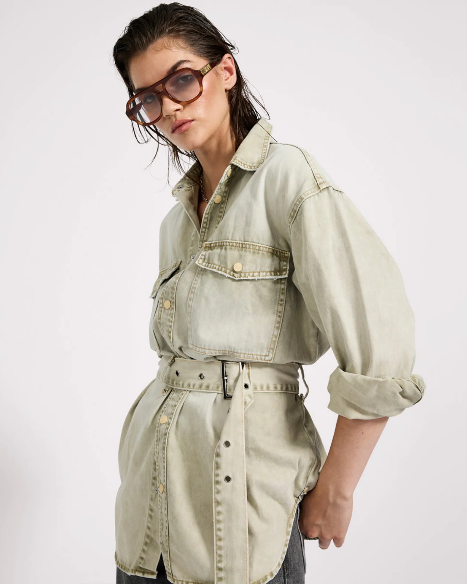 Belted Longline Denim Shirt - Antique Khaki - Image 7