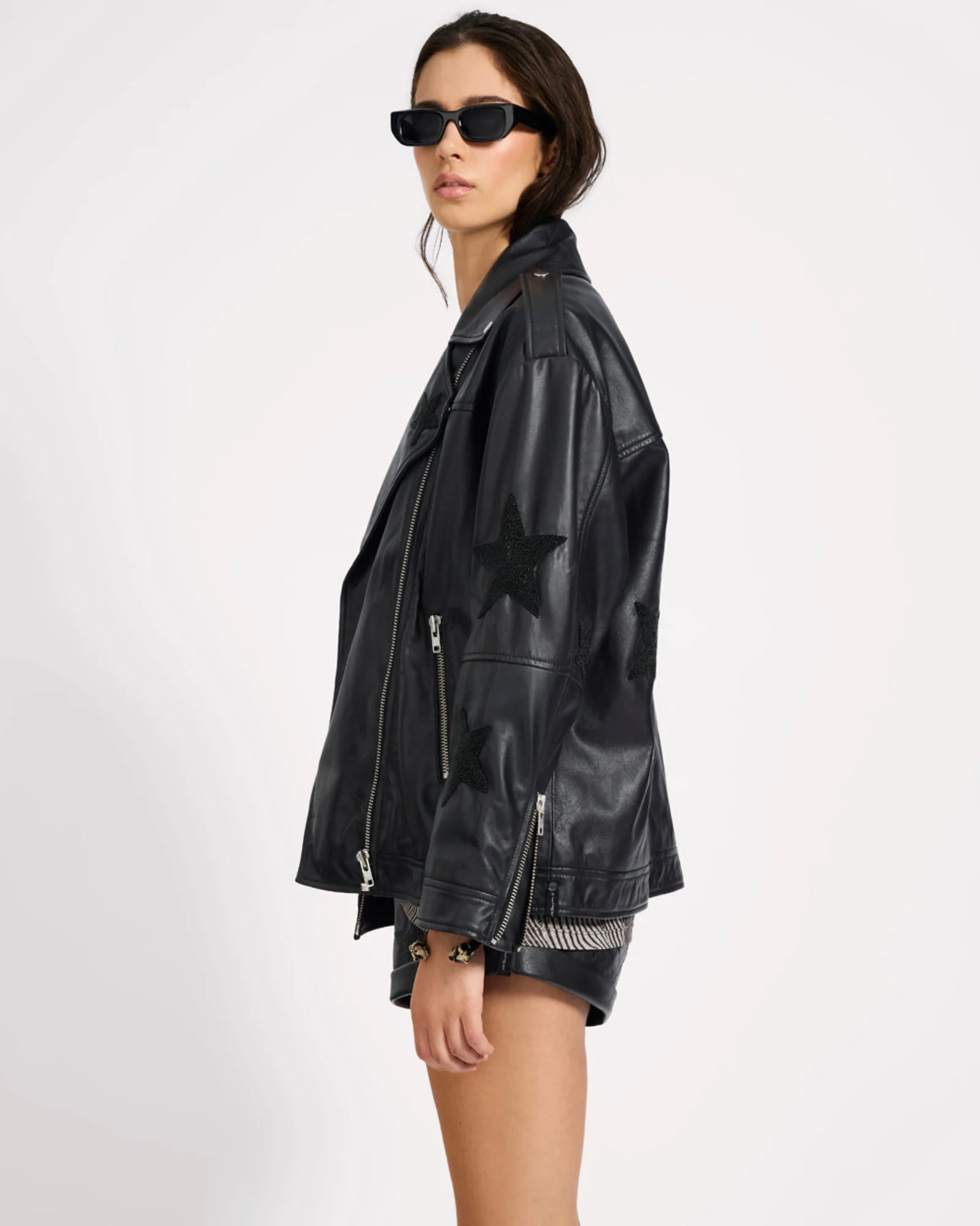 Biker Boyfriend Embellished Moto Leather Jacket - Black Star - Image 5