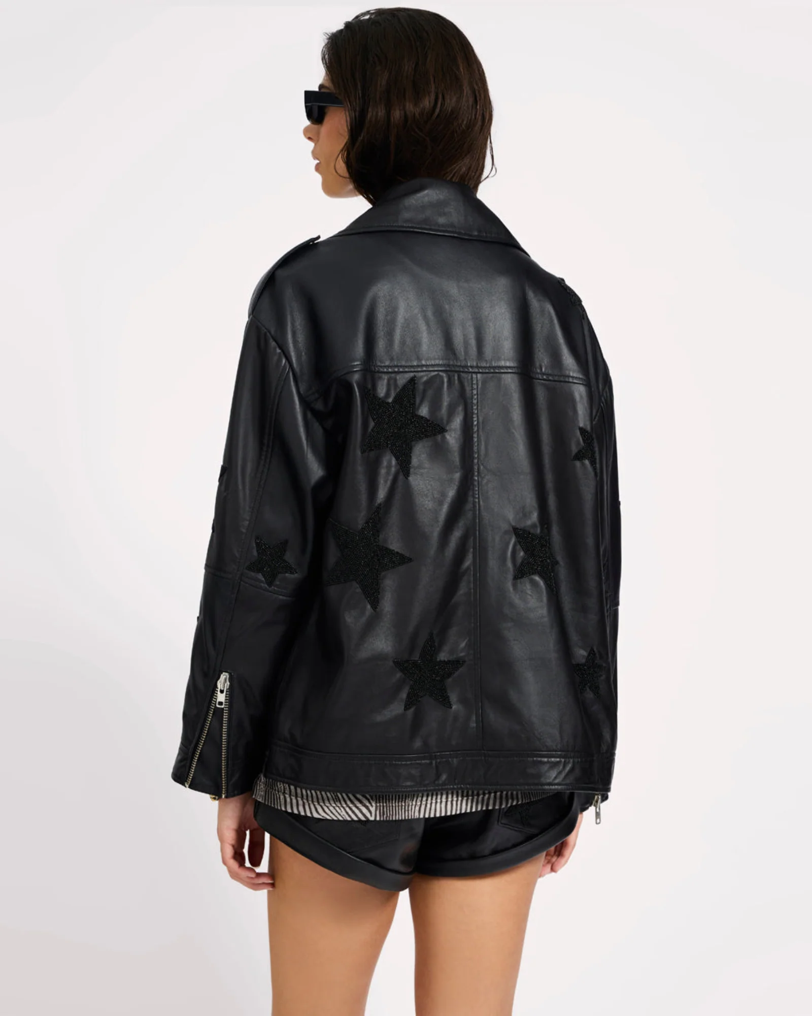 Biker Boyfriend Embellished Moto Leather Jacket - Black Star - Image 6