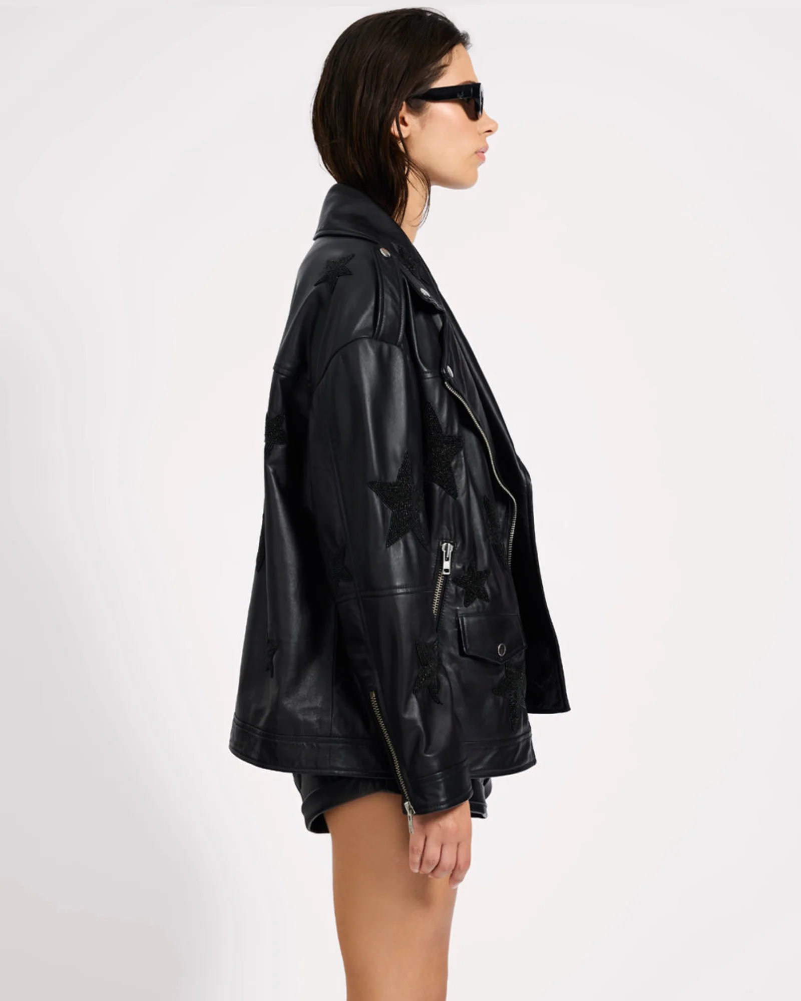 Biker Boyfriend Embellished Moto Leather Jacket - Black Star - Image 7