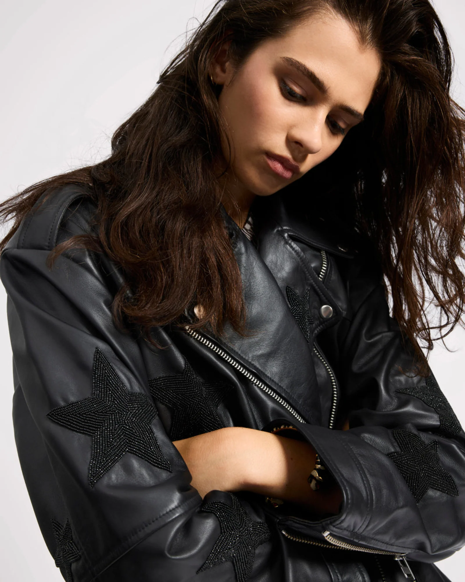 Biker Boyfriend Embellished Moto Leather Jacket - Black Star - Image 9