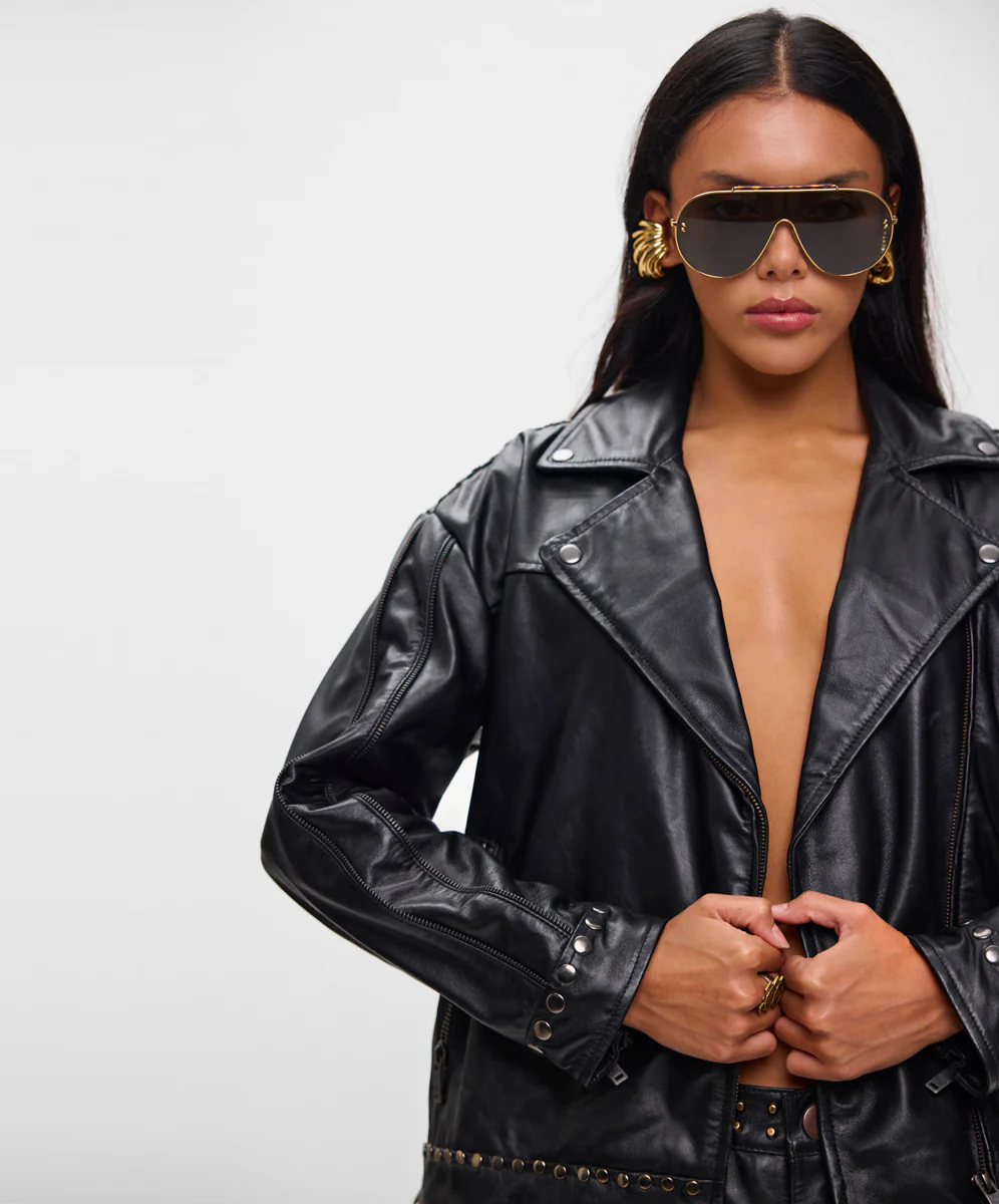 Biker Studded Zipped Leather Jacket - Black - Image 12