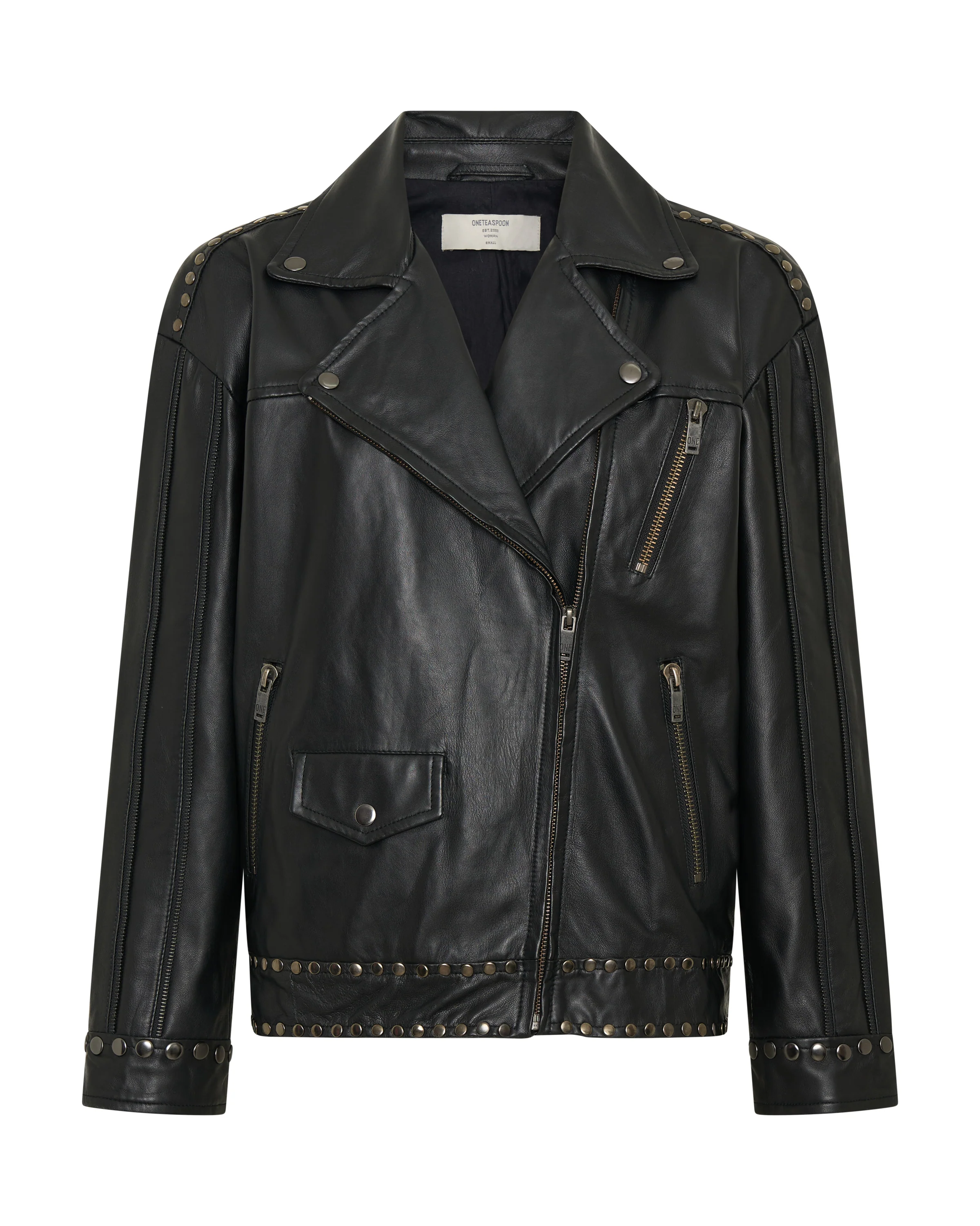 Biker Studded Zipped Leather Jacket - Black - Image 16