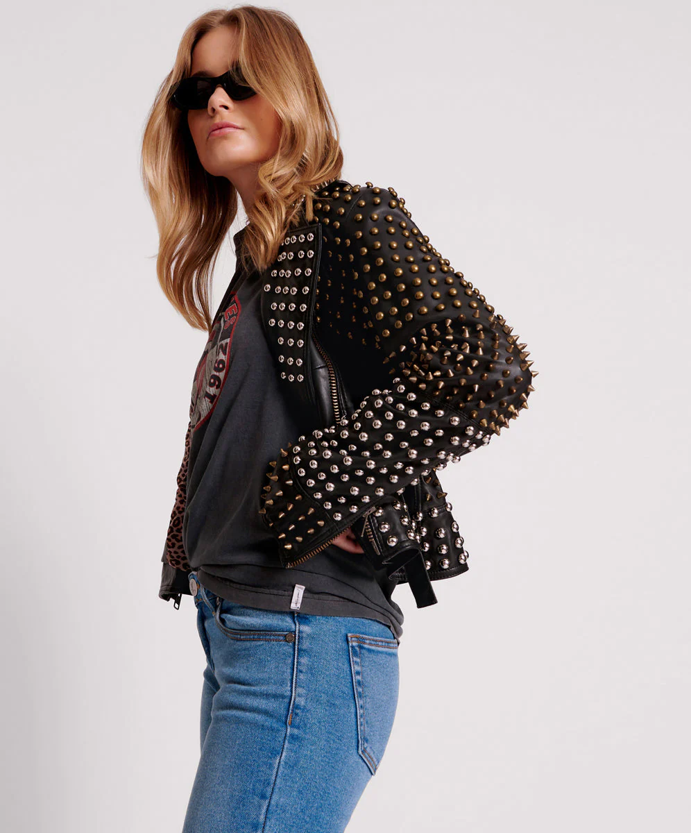 BLACK HELLRAISER STUDDED CROP LEATHER MOTO JACKET - Image 2