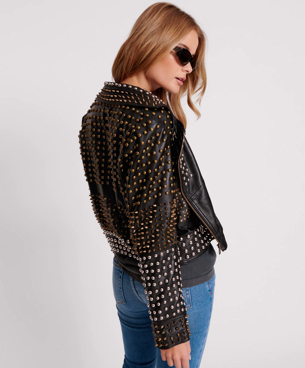 BLACK HELLRAISER STUDDED CROP LEATHER MOTO JACKET - Image 4