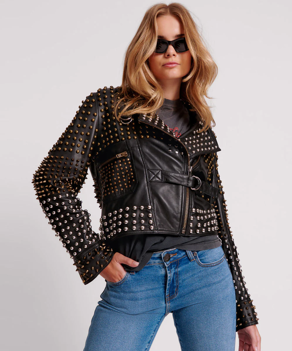 BLACK HELLRAISER STUDDED CROP LEATHER MOTO JACKET - Image 5