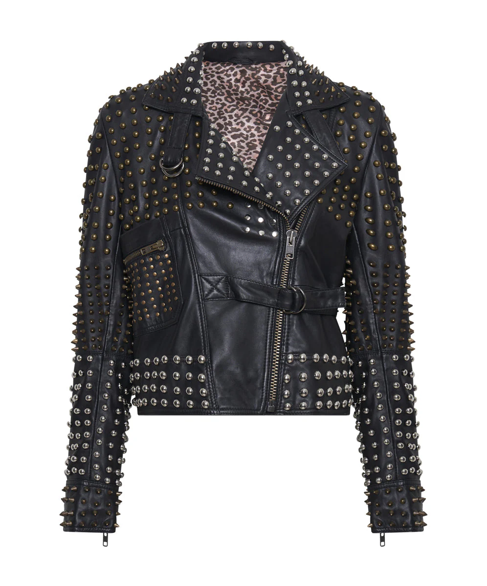 BLACK HELLRAISER STUDDED CROP LEATHER MOTO JACKET - Image 6