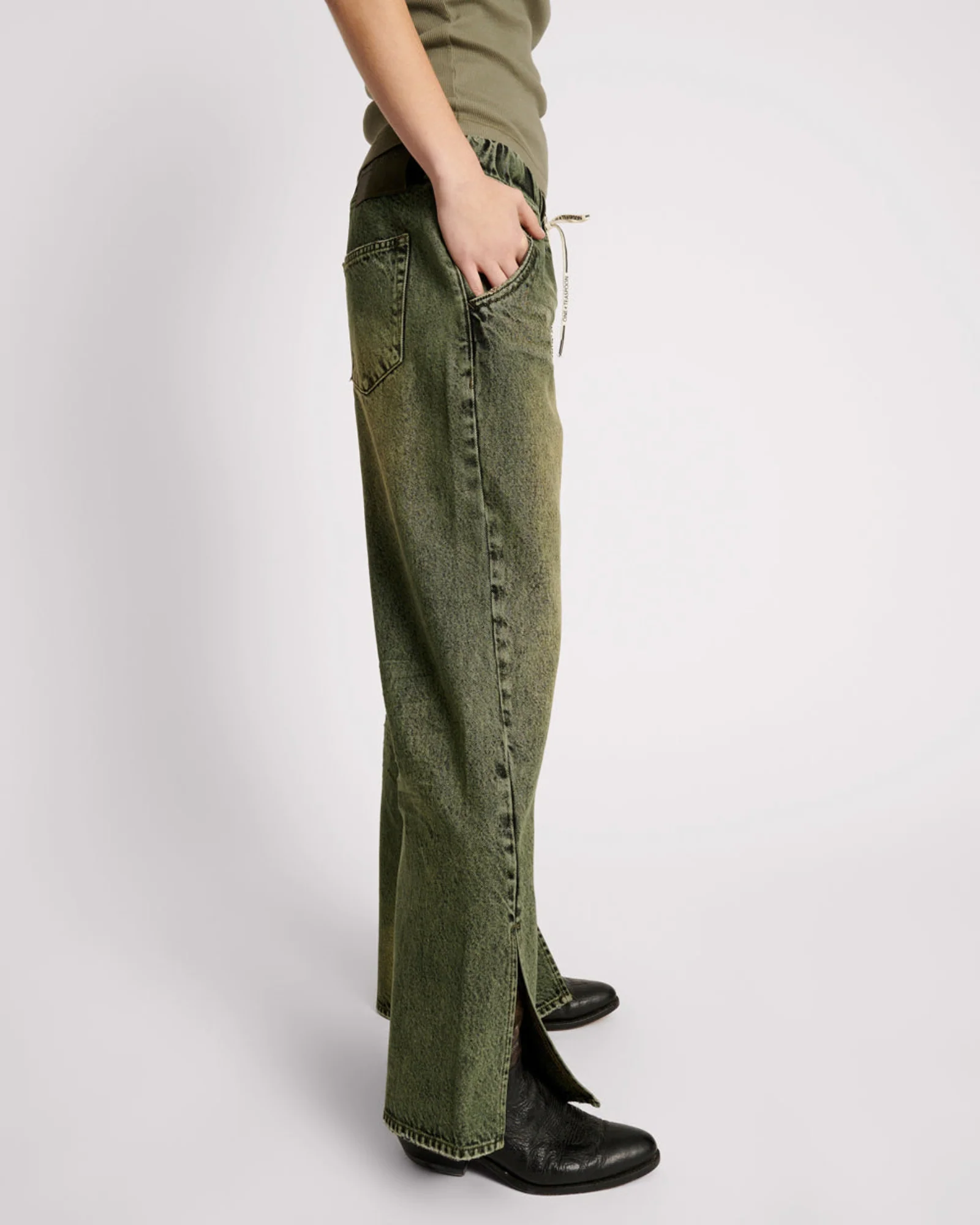 Roadhouse Wide Leg Drawstring Denim Jeans - Black Khaki - Image 5