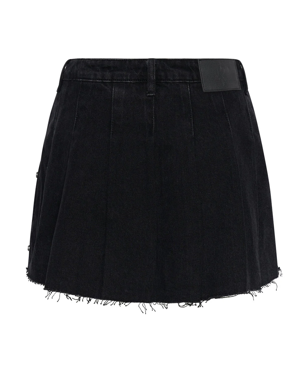 Pleated Low Waist Micro Denim Mini Skirt - Black Oak - Image 6