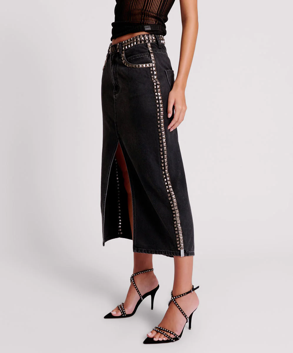 Rocko Mid Waist Long Length Denim Skirt - Black Oak - Image 3