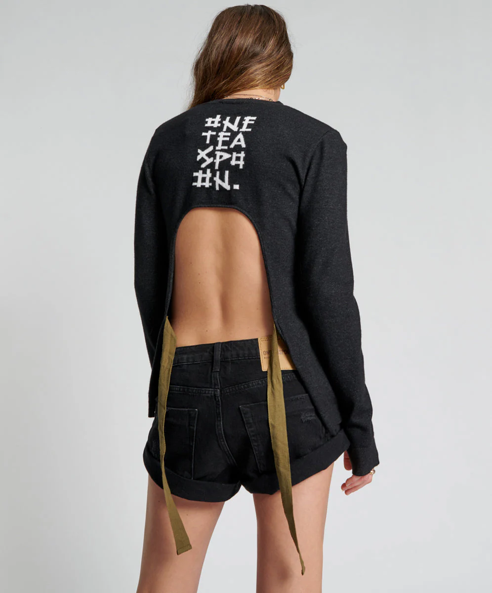 Peep Hole Long Sleeve Knit Top - Black - Image 4