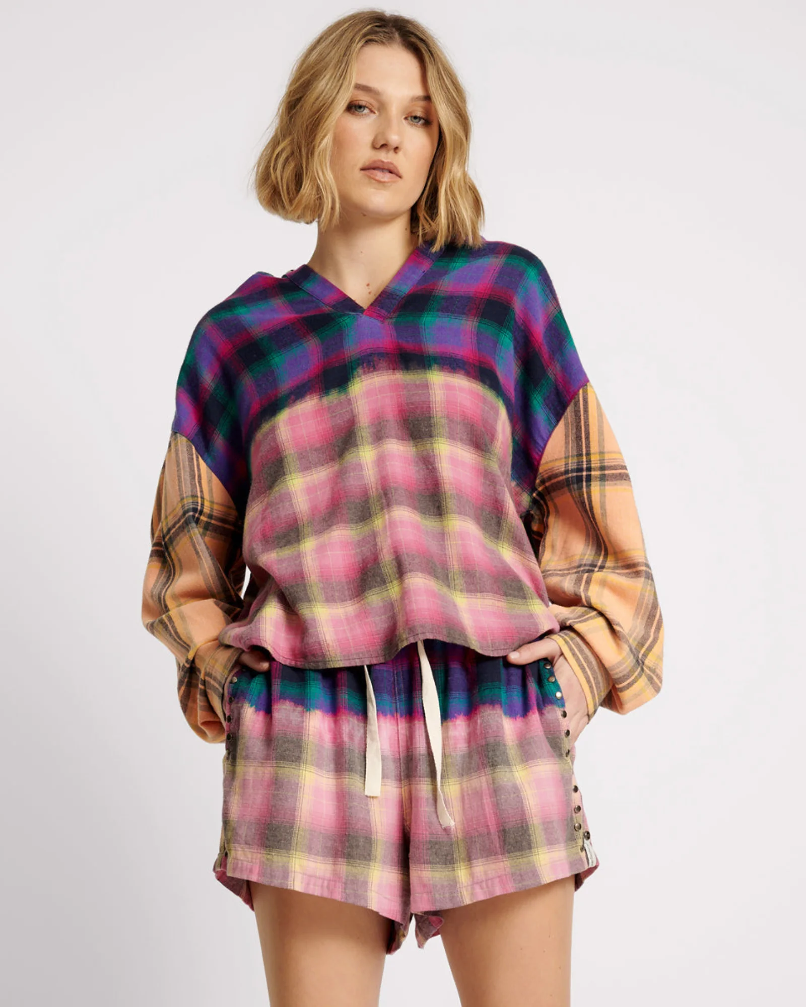 Bleached Flannel Studded Boxer Shorts - Multi - Image 2