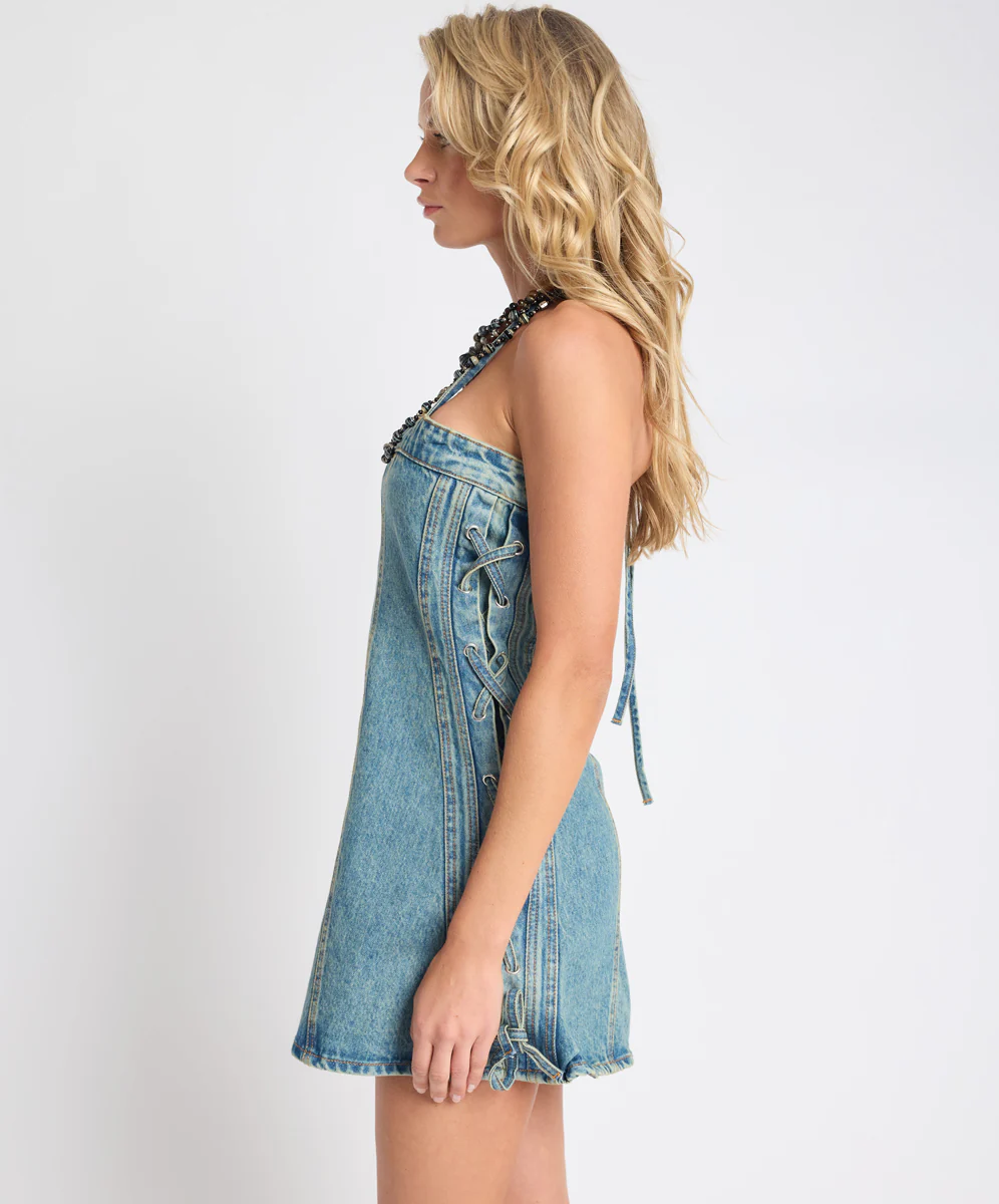 Blue Angel Lace Up Mini Denim Dress - Blue Dune - Image 5