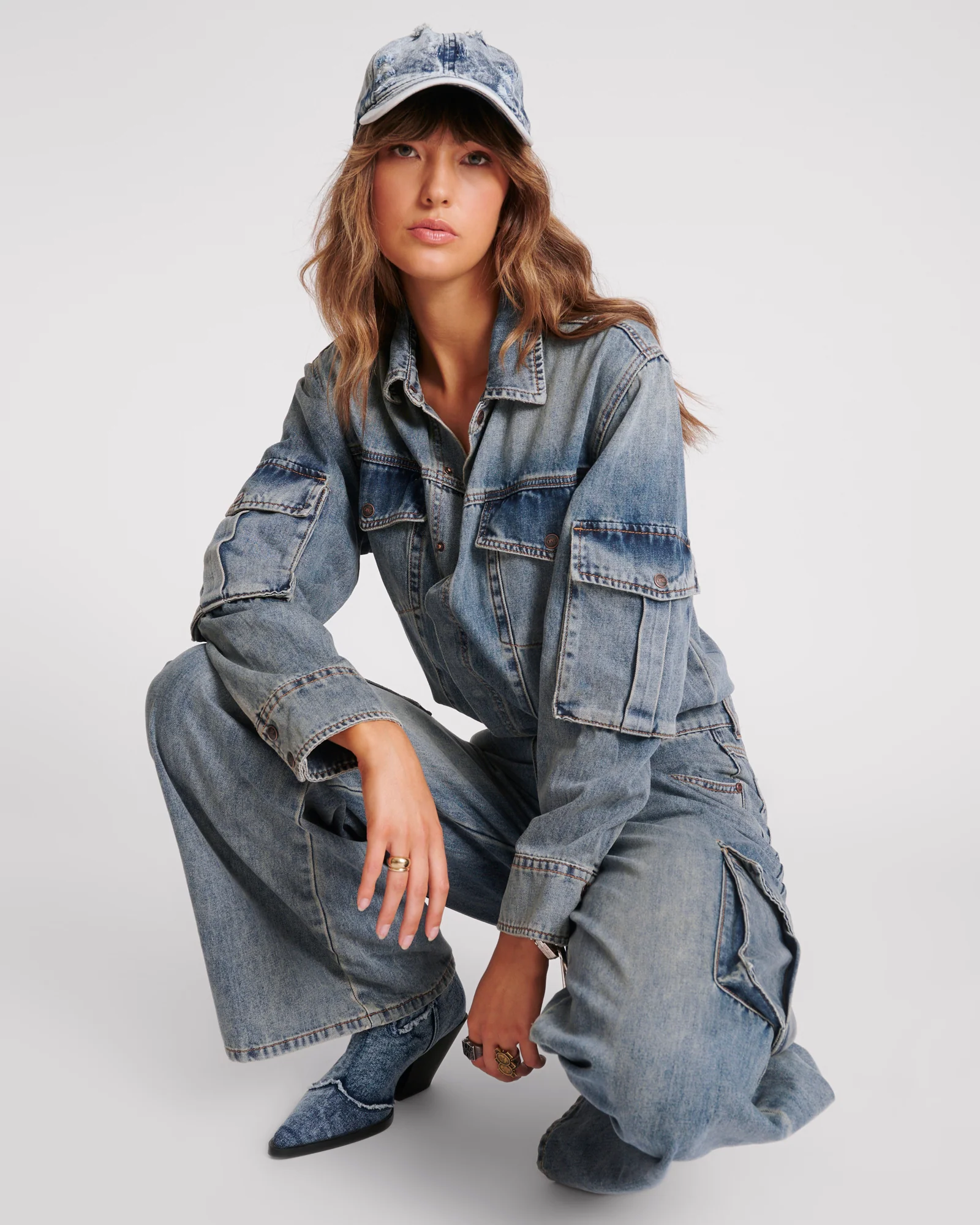 Cargo Trucker Denim Overalls - Blue Blossom - Image 5