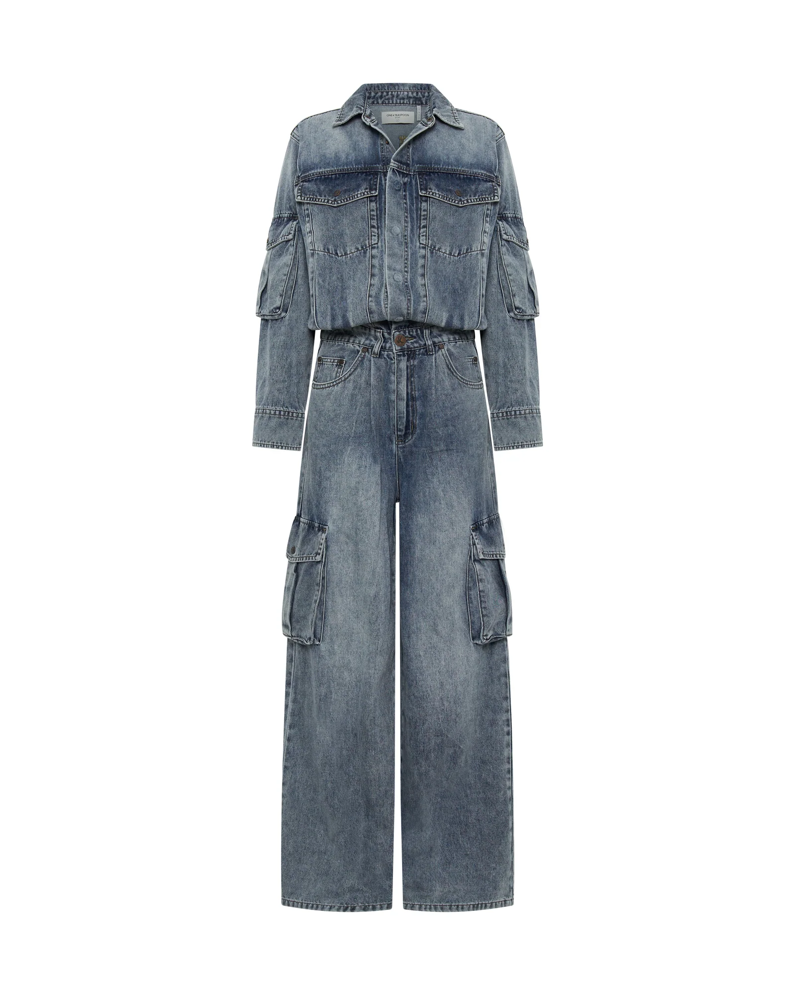 Cargo Trucker Denim Overalls - Blue Blossom - Image 6
