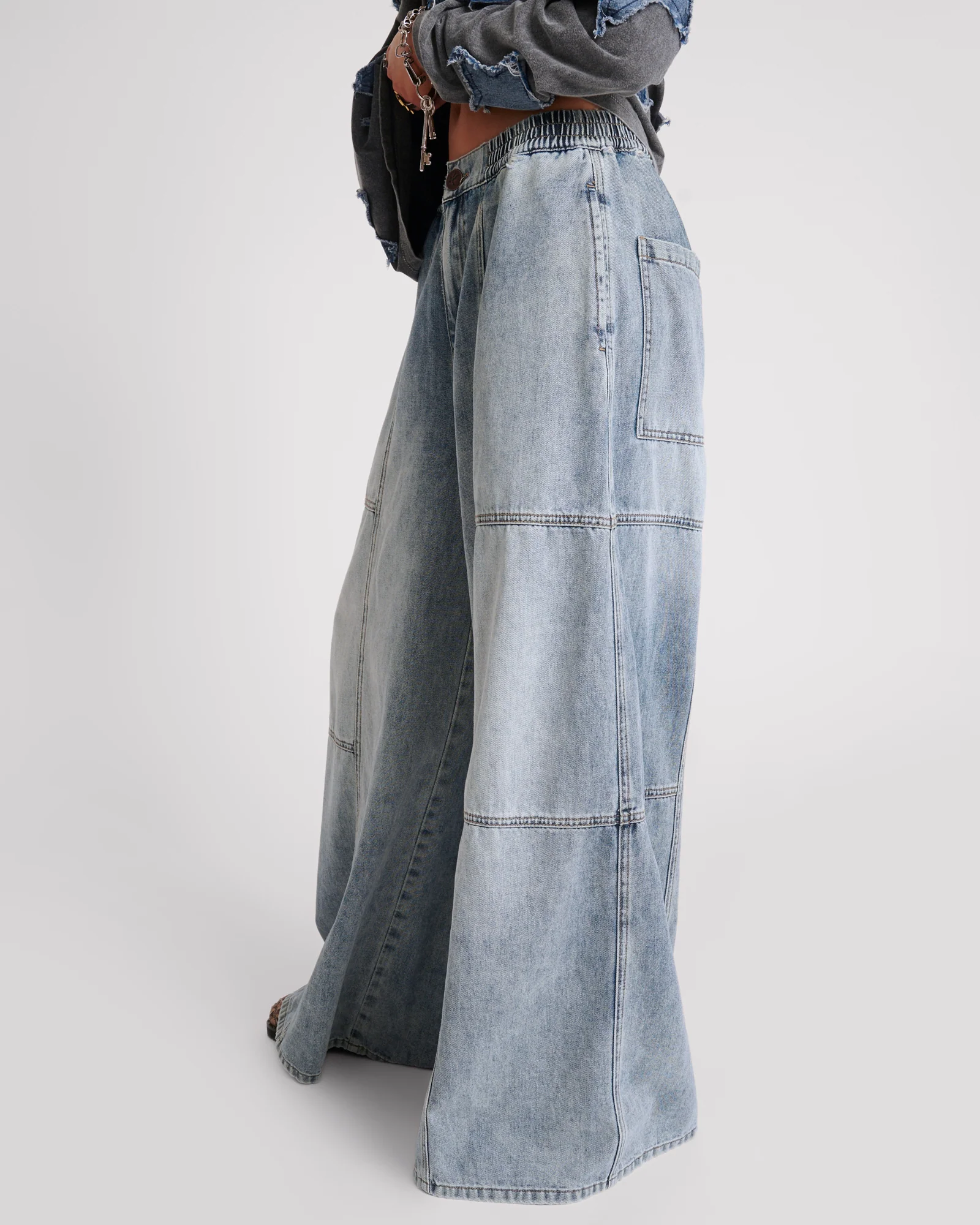 Palazzo Mid Waist Denim Jeans - Blue Blossom - Image 3