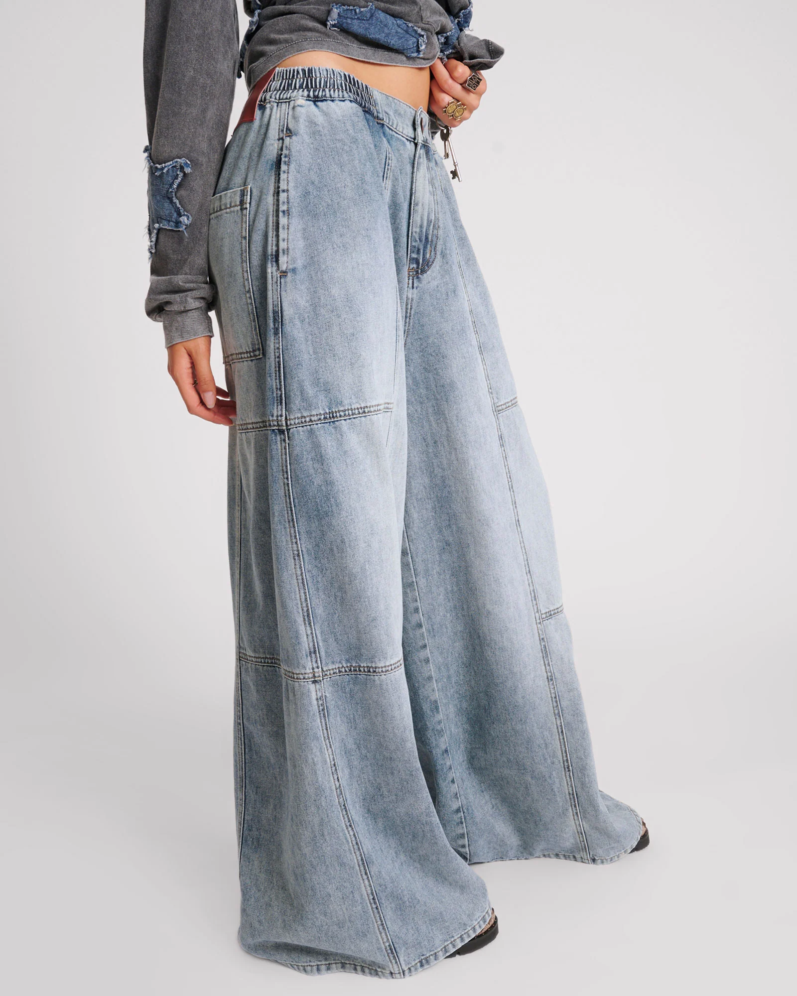 Palazzo Mid Waist Denim Jeans - Blue Blossom - Image 5
