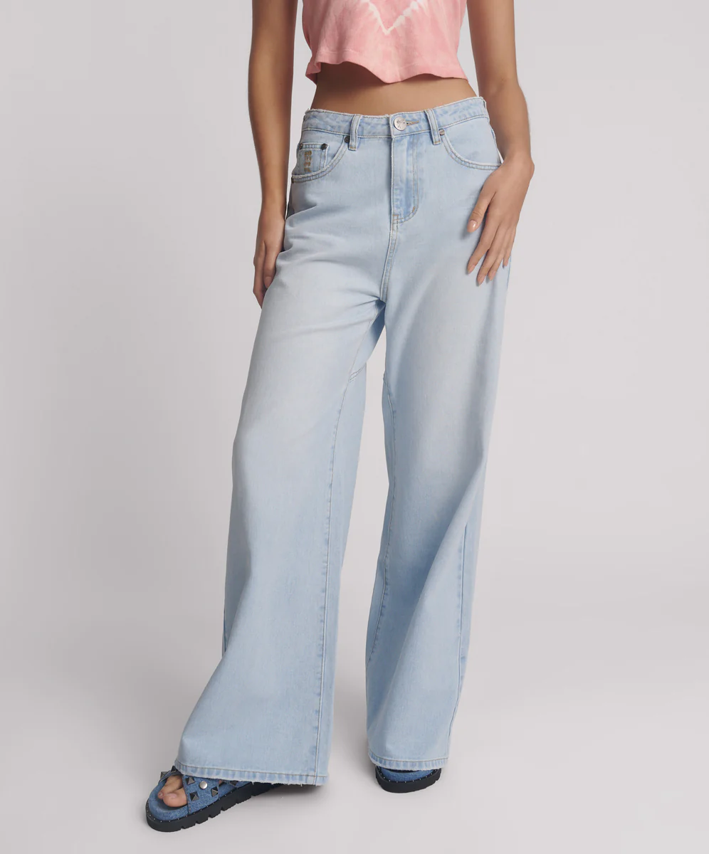 Love Machines Mid Waist Super Wide Leg Denim Jeans - Blue Heart - Image 3