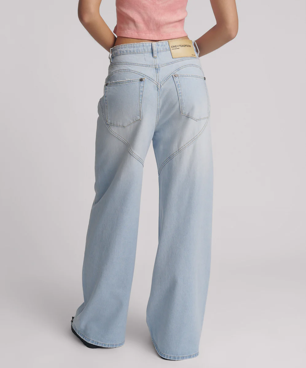 Love Machines Mid Waist Super Wide Leg Denim Jeans - Blue Heart - Image 5