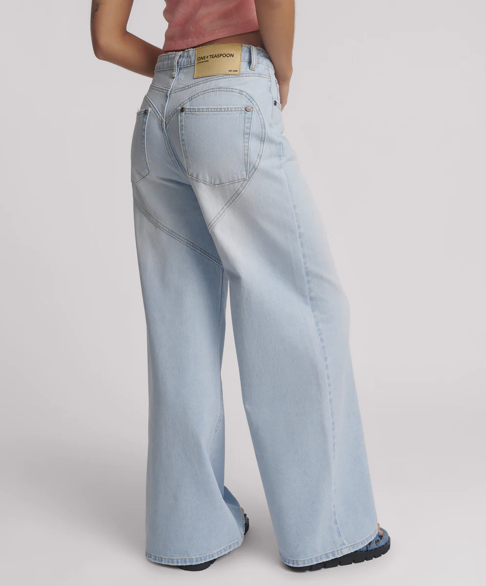 Love Machines Mid Waist Super Wide Leg Denim Jeans - Blue Heart - Image 6