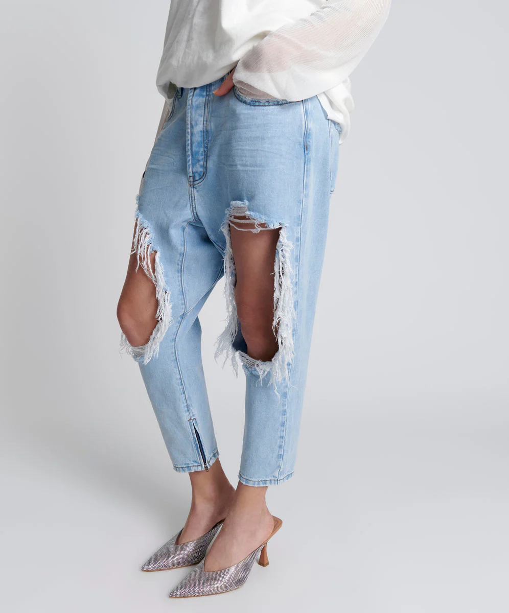 Kingpins Low Waist Cropped Boyfriend Denim Jeans - Blue Latte - Image 3