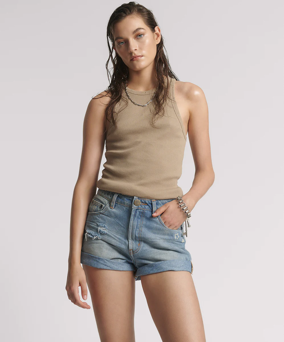Bandits High Waist Studded Denim Shorts - Blue Malt - Image 2