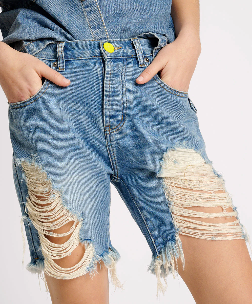 Stevies High Waist Long Length Boyfriend Denim Shorts - Blue Rapture - Image 2