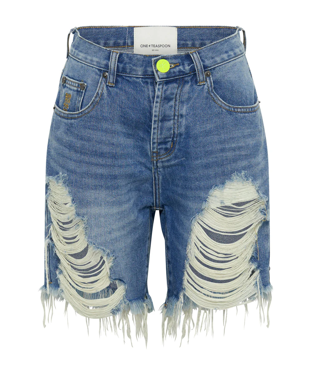 Stevies High Waist Long Length Boyfriend Denim Shorts - Blue Rapture - Image 6
