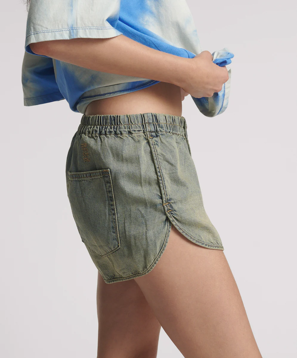 Dylan Low Waist 70s Elasticated Denim Shorts - Blue Sand - Image 5