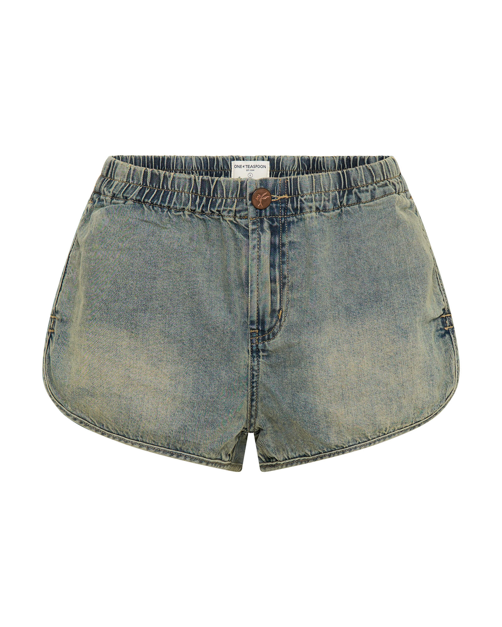 Dylan Low Waist 70s Elasticated Denim Shorts - Blue Sand - Image 6