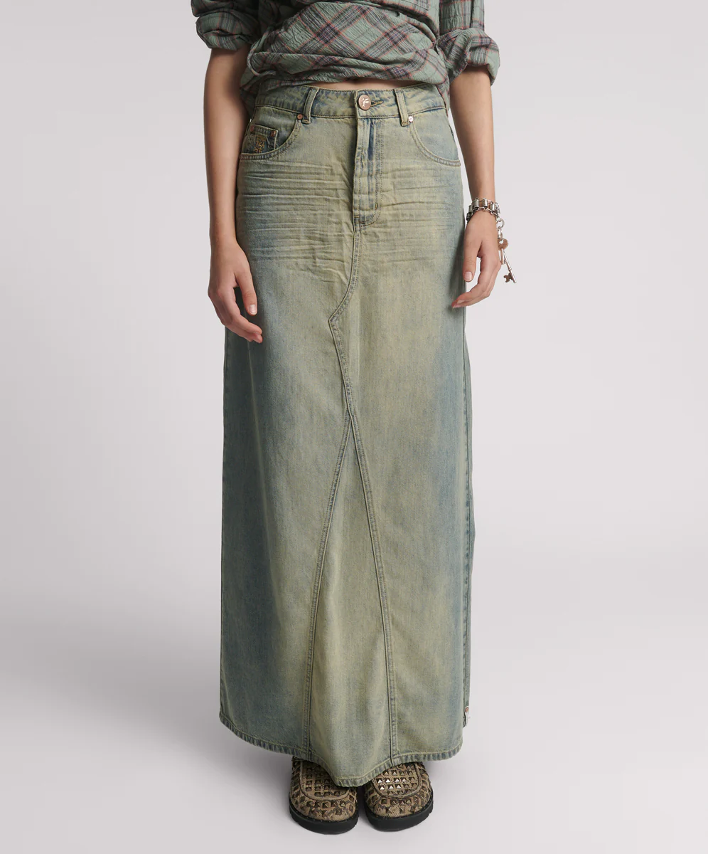 Column Mid Waist Maxi Denim Skirt - Blue Sand - Image 2
