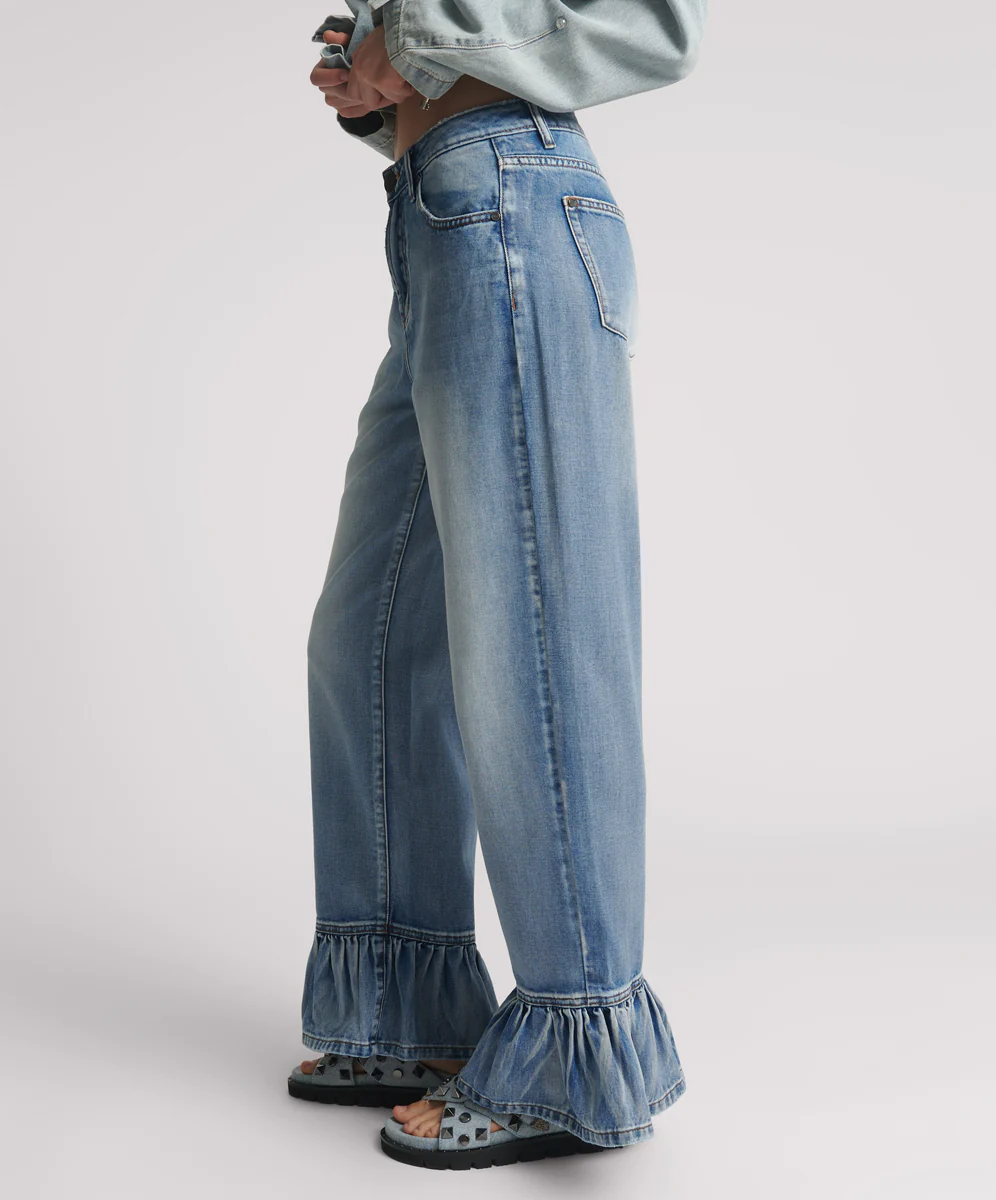 Big Loves Mid Waist Wide Leg Frilled Denim Jeans - Blue Summer - Image 3