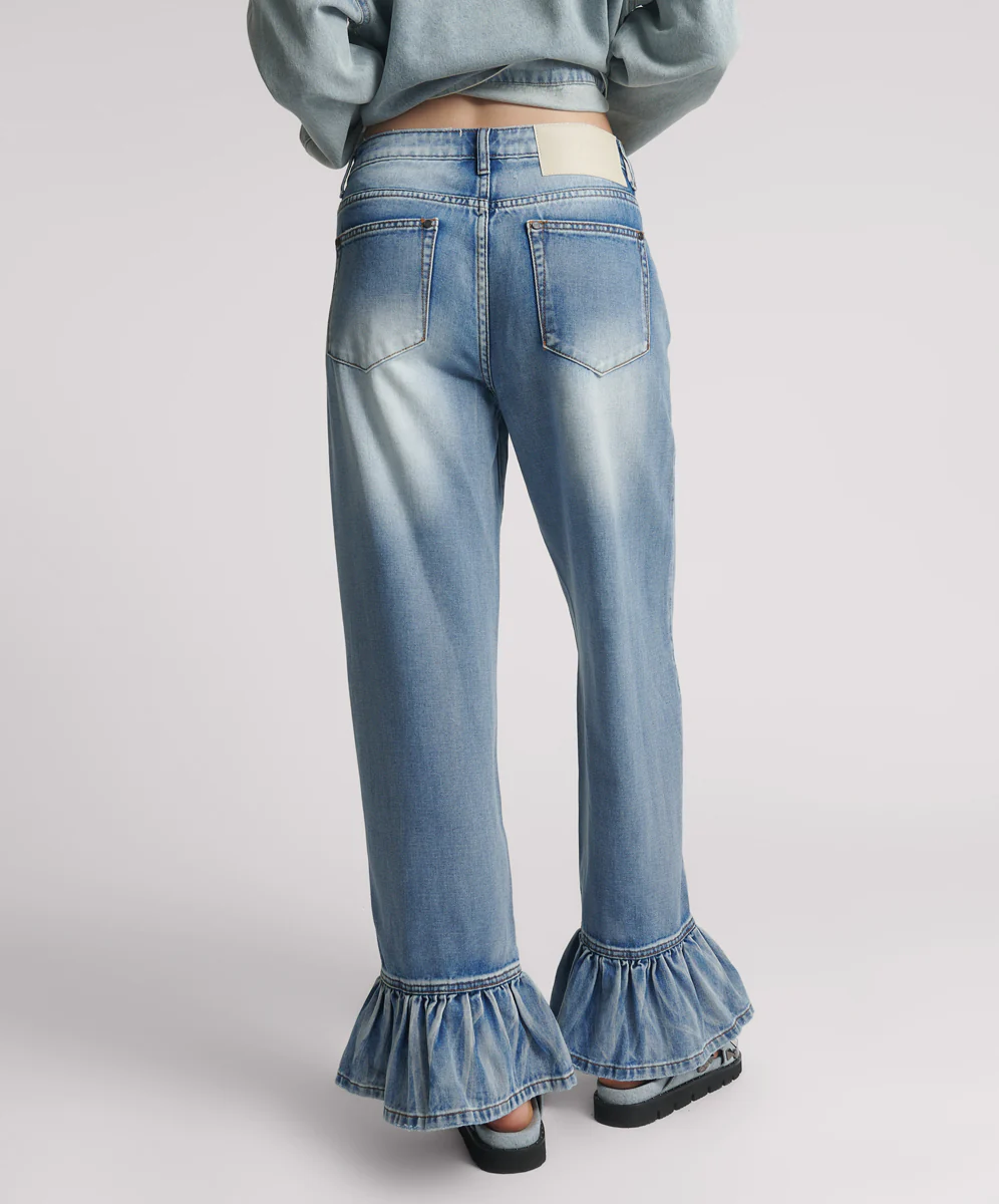 Big Loves Mid Waist Wide Leg Frilled Denim Jeans - Blue Summer - Image 4
