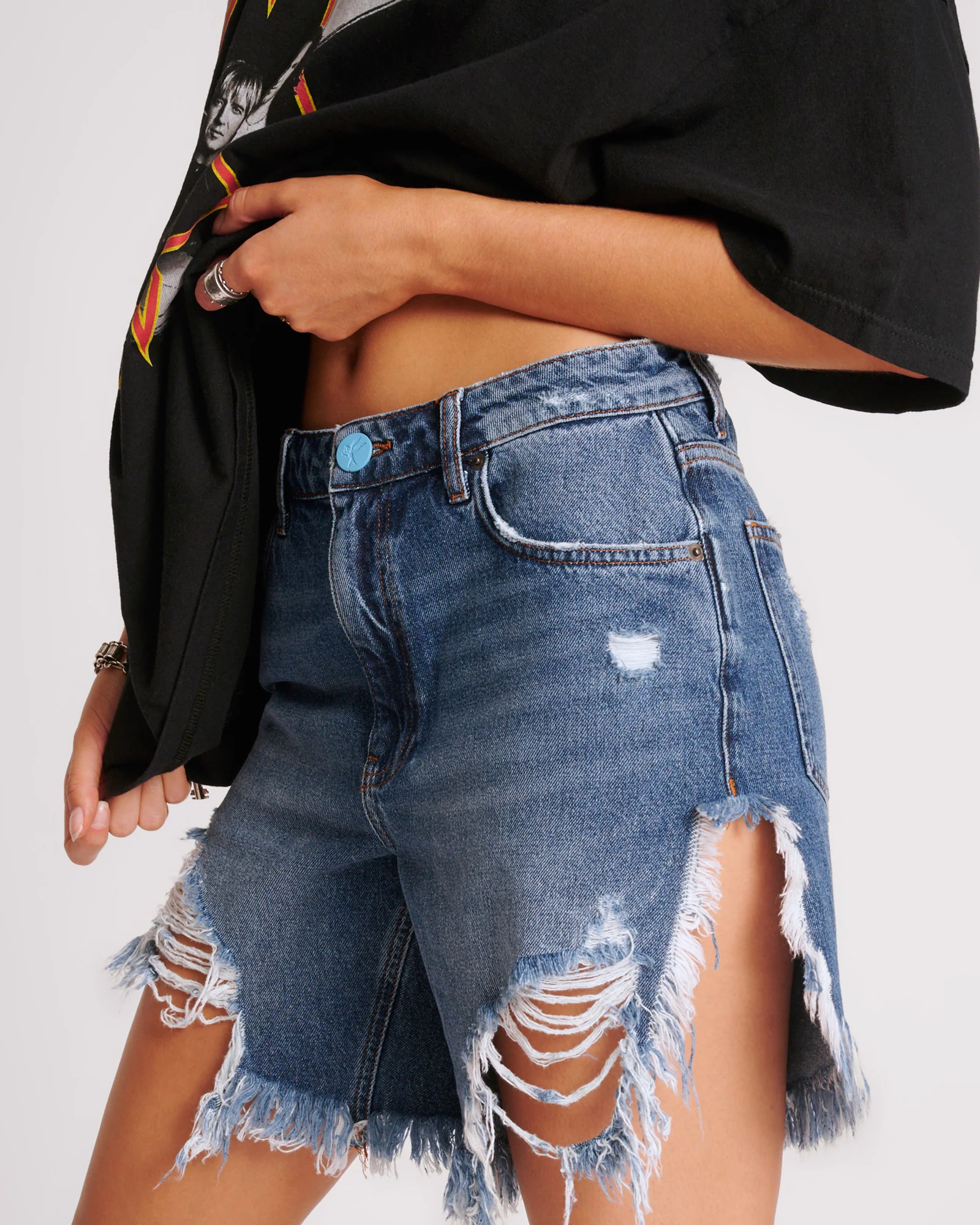 Frankies High Waist Long Length Denim Shorts - Blue Thunder - Image 3