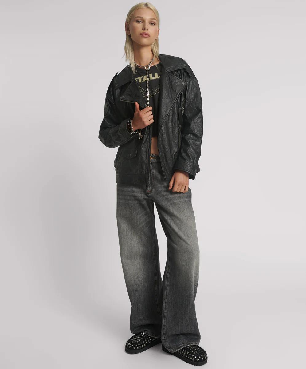Boyfriend Leather Biker Jacket - Black - Image 6